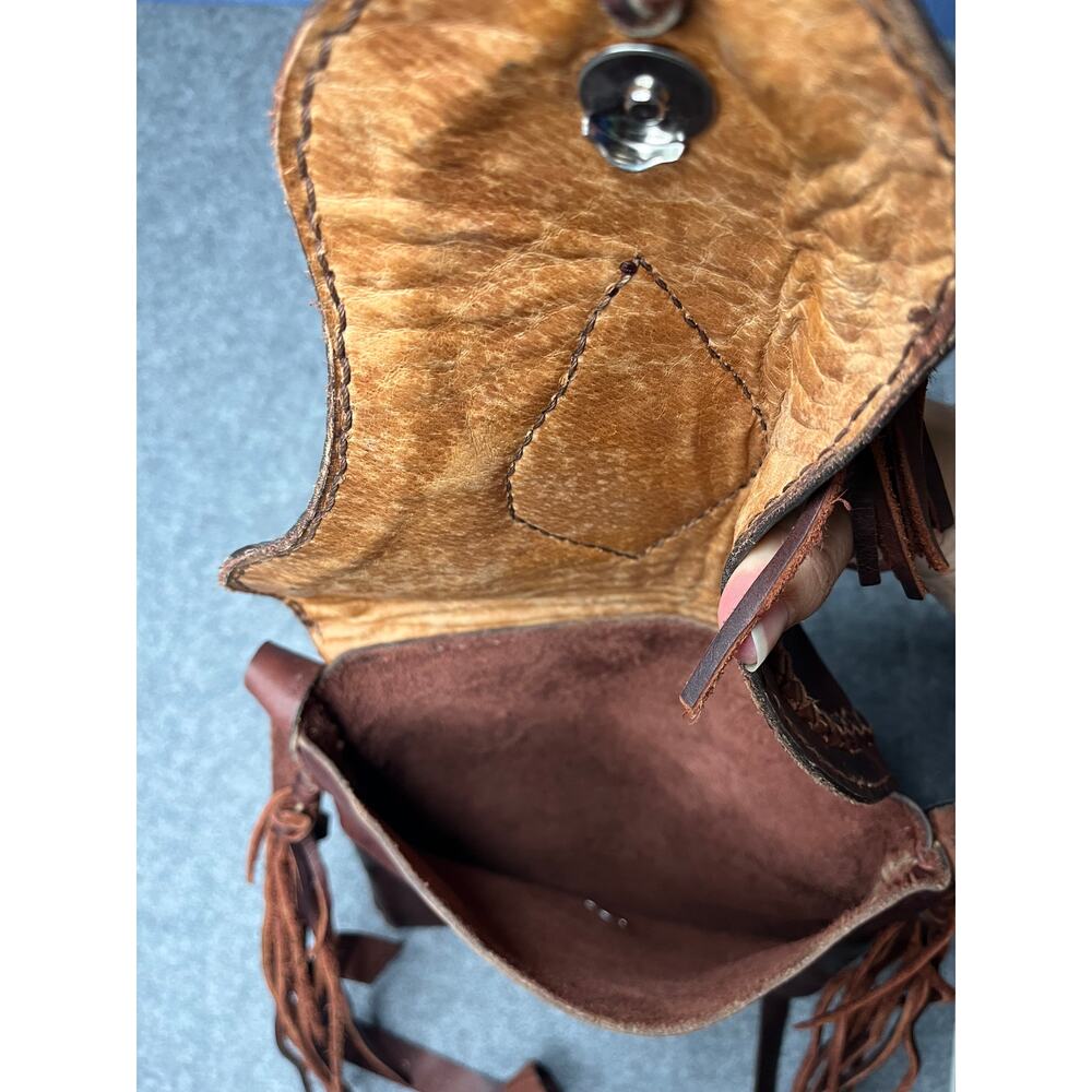 Handmade Brown Leather Fringe Crossbody Bag Braided Stone Boho Western - Picture 6 of 7